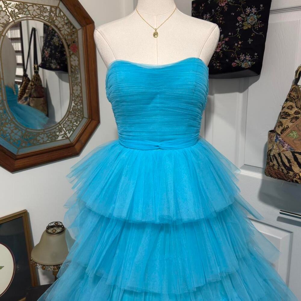 NWOT Ashley Lauren Turquoise Blue Tiered Tulle Strapless Ballgown Prom Dress 6/S - Picture 3 of 8